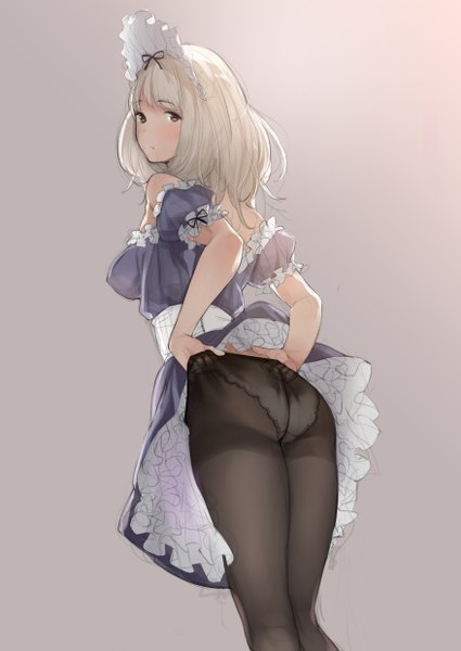 Anime picture 878x1239 with original tsukino wagamo single long hair tall image blush fringe breasts light erotic blonde hair large breasts standing bare shoulders brown eyes looking back grey background short sleeves maid gradient background skirt lift