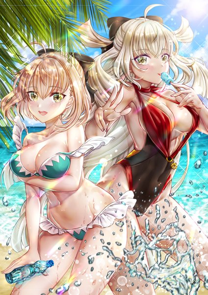 Anime picture 1273x1800 with fate (series) fate/grand order okita souji (fate) (all) okita souji (koha-ace) okita souji alter (fate) tamaso tall image looking at viewer blush fringe short hair breasts open mouth light erotic blonde hair smile hair between eyes large breasts standing bare shoulders