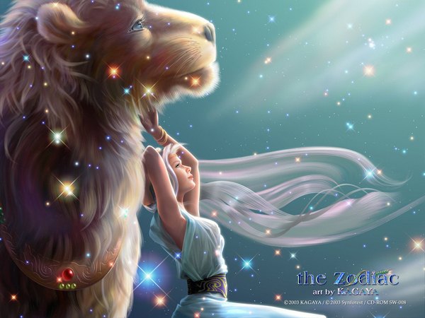 Anime picture 1600x1200 with kagaya long hair silver hair realistic night night sky looking up 3d girl animal star (stars) jewelry lion