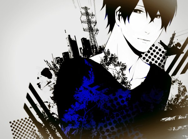 Anime picture 1512x1123 with original koori ichi single looking at viewer fringe short hair brown hair brown eyes monochrome pale skin dark hair boy building (buildings) power lines