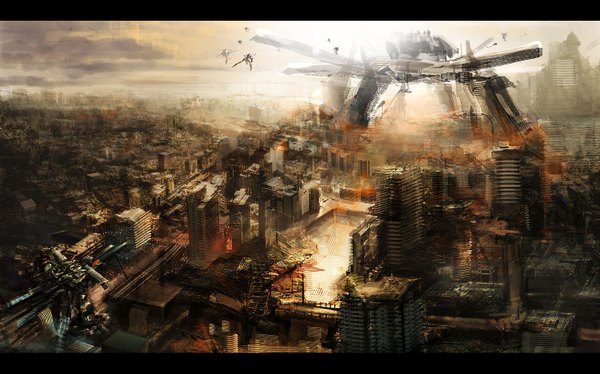 Anime picture 1500x937 with armored core armored core: for answer wide image city flying landscape mecha arms fort sarielw spirit of mother will