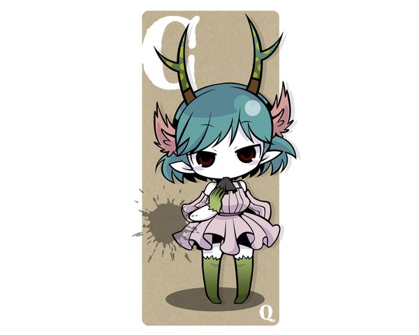 Anime picture 1024x819 with c: the money of soul and possibility control q (control) single short hair simple background red eyes bare shoulders blue hair horn (horns) pointy ears eating girl dress card (cards)
