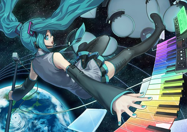 Anime picture 1160x820 with vocaloid hatsune miku tagme (artist) single long hair twintails nail polish aqua eyes aqua hair zettai ryouiki spread arms aqua nail polish girl detached sleeves necktie star (stars) thigh boots wire (wires) earth keyboard (instrument)