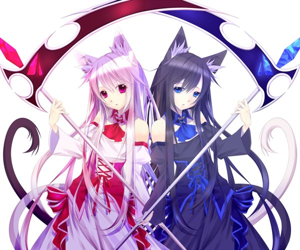 Anime picture 1000x833 with original kawasaki toiro long hair looking at viewer blue eyes black hair simple background red eyes white background bare shoulders multiple girls animal ears white hair tail animal tail cat ears cat girl cat tail girl dress