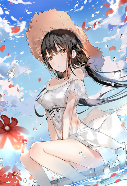 Anime picture 682x1000 with original naru (ul) single long hair tall image looking at viewer blush fringe breasts black hair sitting twintails bare shoulders brown eyes sky cloud (clouds) outdoors bare legs short sleeves dutch angle