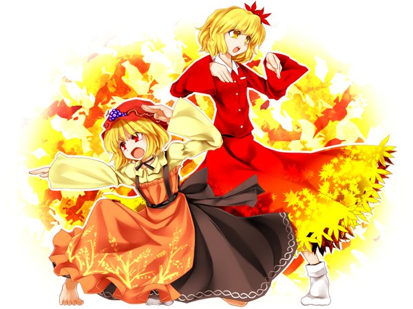 Anime picture 1600x1200 with touhou aki minoriko aki shizuha kazetto (kazetsuto) highres short hair blonde hair barefoot fighting stance girl hat