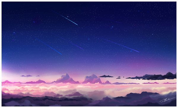 Anime picture 1000x609 with original s0ggywaffls wide image cloud (clouds) night night sky no people meteor rain star (stars)