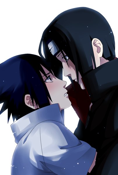 Anime picture 1574x2330 with naruto studio pierrot naruto (series) uchiha sasuke uchiha itachi tayuya1130 long hair tall image blush short hair open mouth blue eyes black hair simple background white background blue hair ponytail profile multiple boys open collar