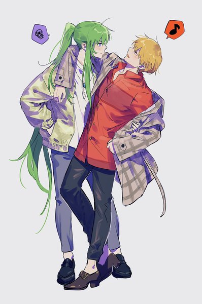 Anime picture 1360x2048 with fate (series) fate/strange fake gilgamesh (fate) enkidu (fate) bikkusama tall image short hair simple background blonde hair standing payot full body ahoge ponytail very long hair profile green hair grey background open jacket multiple boys