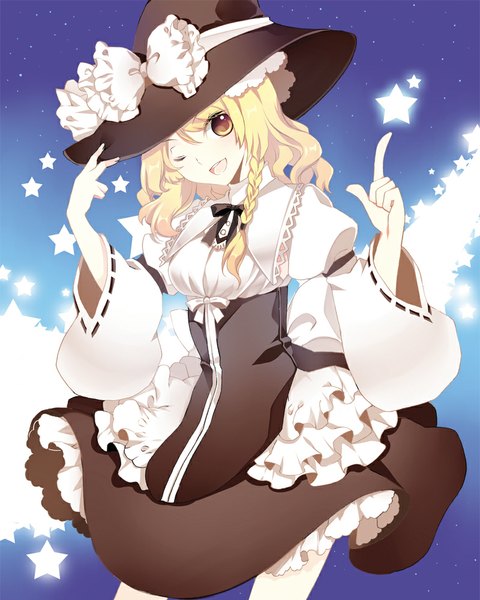 Anime picture 800x1000 with touhou kirisame marisa roh nam kyung single long hair tall image looking at viewer blush open mouth blonde hair yellow eyes braid (braids) one eye closed wink girl dress bow star (symbol) star (stars) witch hat
