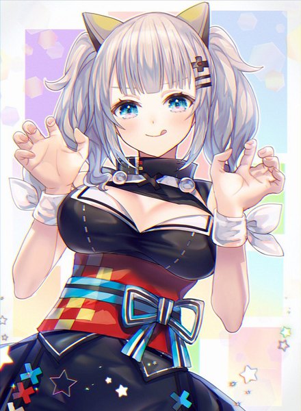 Anime picture 699x952 with virtual youtuber the moon studio kaguya luna abandon ranka single long hair tall image looking at viewer blush breasts blue eyes twintails cleavage silver hair upper body claw pose girl tongue star (symbol) obi
