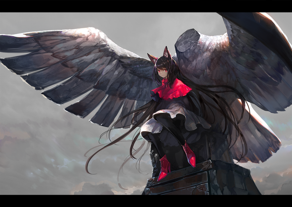 Anime picture 1506x1067 with touhou imaizumi kagerou onion (onion and pi-natto) single looking at viewer fringe black hair smile red eyes sitting animal ears cloud (clouds) outdoors very long hair letterboxed girl skirt pantyhose shoes black pantyhose