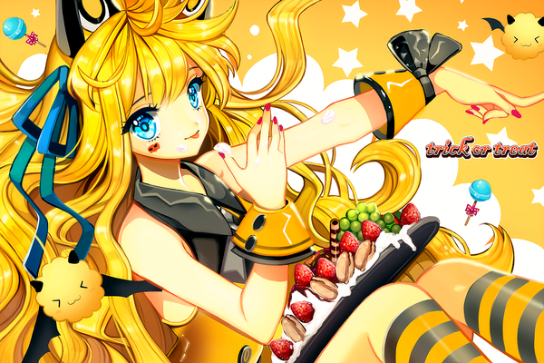 Anime picture 1500x1000 with vocaloid seeu fungus (vocaloid) primcoco (jooarose) single long hair looking at viewer blue eyes blonde hair girl ribbon (ribbons) hair ribbon socks food sweets star (symbol) striped socks