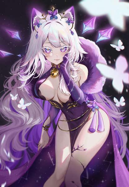 Anime-Bild 1767x2552 mit virtual youtuber indie virtual youtuber yuni nya rosebell single tall image looking at viewer blush fringe highres breasts light erotic simple background large breasts standing purple eyes signed animal ears silver hair very long hair