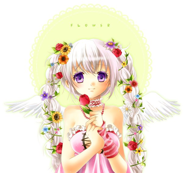 Anime picture 1300x1230 with original churen single long hair looking at viewer blush purple eyes twintails bare shoulders braid (braids) hair flower light smile twin braids girl dress hair ornament flower (flowers) wings