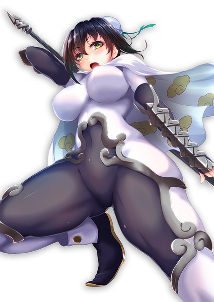 Anime picture 708x1000 with fate (series) fate/grand order qin liangyu (fate) saboten teishoku single tall image blush fringe breasts open mouth light erotic black hair simple background hair between eyes large breasts white background holding green eyes looking away bent knee (knees)