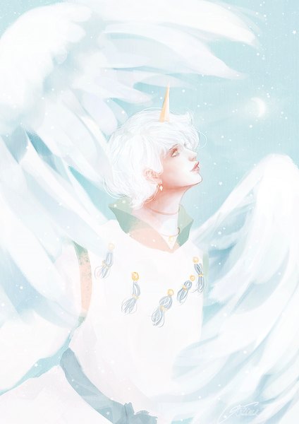 Anime picture 700x990 with bishoujo senshi sailor moon toei animation helios pastellish single tall image short hair yellow eyes upper body white hair profile horn (horns) lips looking up white wings crescent boy earrings wings moon