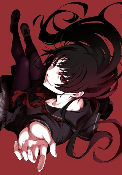 Anime picture 699x1000 with tasogare otome x amnesia silver link kanoe yuuko maybe single long hair tall image looking at viewer black hair red eyes from above official art pale skin red background girl uniform pantyhose serafuku
