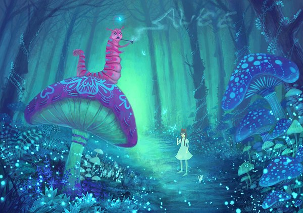 Anime picture 1000x704 with alice in wonderland alice (wonderland) caterpillar (wonderland) jun (pixiv 676803) long hair black hair brown hair inscription smoke smoking girl dress bow plant (plants) hair bow tree (trees) insect butterfly cat grass