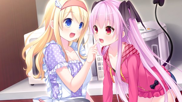 Anime picture 1024x576 with lilium x triangle hirose yuuna haruka (lilium x triangle) usashiro mani long hair blush fringe breasts open mouth blue eyes blonde hair red eyes wide image twintails multiple girls purple hair indoors tail arm support happy