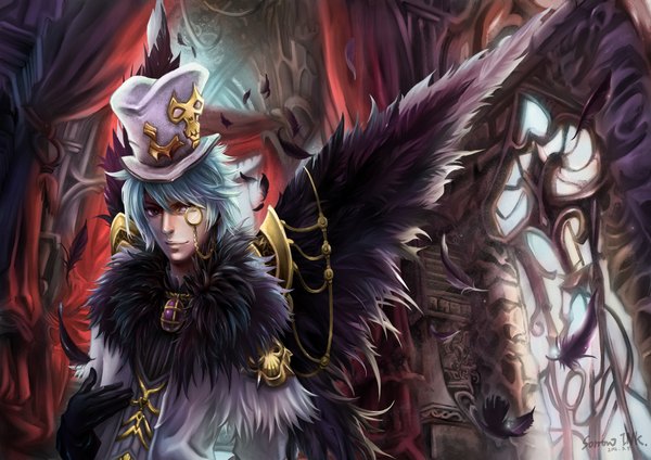 Anime picture 2000x1414 with dragon nest cleric (dragon nest) sorrowink single highres short hair purple eyes blue hair black wings boy gloves hat wings window fur curtains feather (feathers) monocle