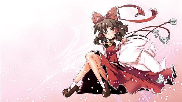 Anime picture 1920x1080 with touhou hakurei reimu looking at viewer highres short hair simple background red eyes brown hair wide image sitting traditional clothes light smile bare legs sleeveless miko skirt ribbon (ribbons) detached sleeves petals socks
