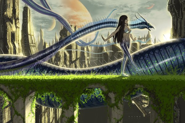 Anime picture 1200x800 with original kino (author) single long hair fringe smile brown hair green eyes sky cloud (clouds) barefoot horn (horns) shadow no shoes spread arms striped walking transparent skeleton architecture