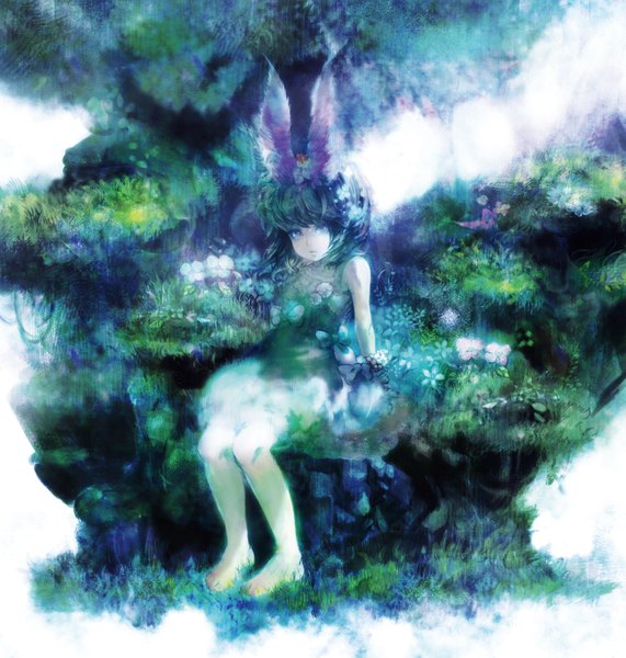Anime picture 2000x2101 with original nishimura sui single tall image highres short hair blue eyes sitting bare shoulders animal ears full body barefoot green hair nature girl flower (flowers) bow plant (plants) sundress