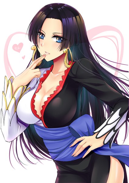 Anime picture 3507x4960 with one piece one piece: stampede toei animation boa hancock gu li single long hair tall image looking at viewer blush fringe highres breasts blue eyes light erotic black hair simple background large breasts standing white background