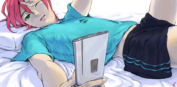 Anime picture 1198x590 with inazuma eleven adidas kiyama hiroto tagme (artist) single short hair wide image green eyes red hair lying one eye closed wink boy bed phone