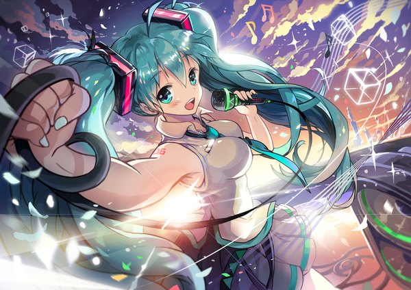 Anime picture 900x636 with vocaloid hatsune miku saya (mychristian2) single long hair blush open mouth twintails green eyes sky cloud (clouds) ahoge nail polish pleated skirt arm up fingernails evening sunset horizon singing