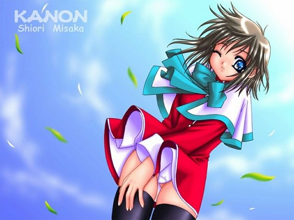 Anime picture 1024x768 with kanon key (studio) misaka shiori short hair light erotic upskirt wind lift girl uniform underwear panties school uniform