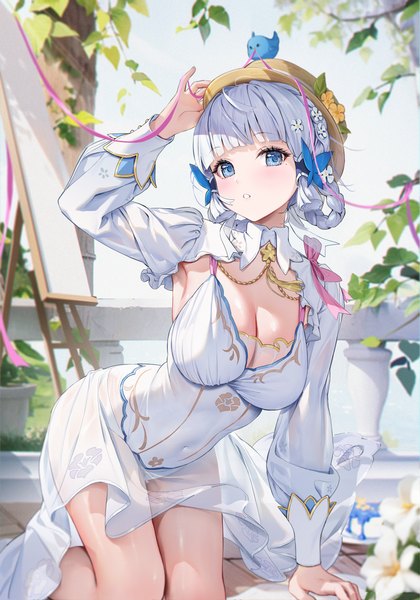 Anime picture 2800x4000 with genshin impact kamisato ayaka kamisato ayaka (springbloom missive) houkisei single tall image looking at viewer blush fringe highres short hair breasts light erotic large breasts cleavage silver hair blunt bangs braid (braids) long sleeves parted lips