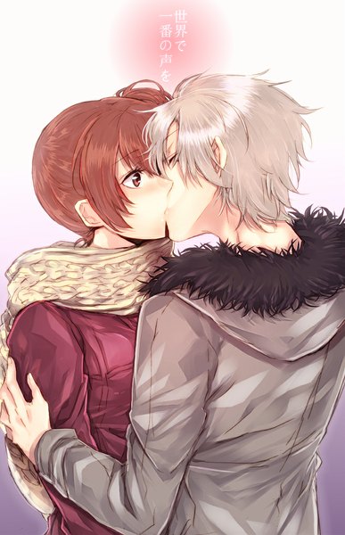 Anime picture 657x1018 with brothers conflict idea factory asahina tsubaki ema (brothers conflict) tall image fringe short hair red eyes brown hair brown eyes silver hair eyes closed inscription couple hug kiss girl boy jacket scarf