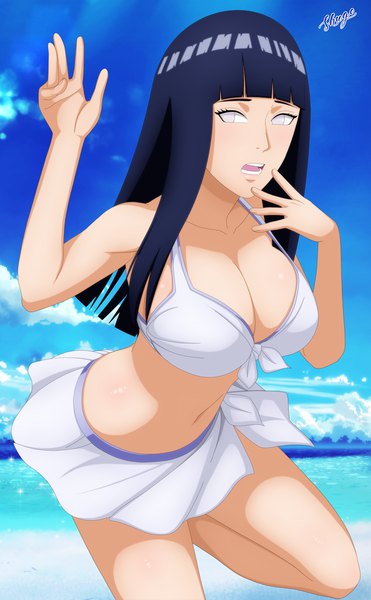 Anime picture 2167x3500 with naruto studio pierrot naruto (series) hyuuga hinata shugo19 single long hair tall image fringe highres breasts open mouth light erotic black hair large breasts standing signed looking away sky cloud (clouds)