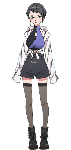 Anime picture 760x1600 with yoru no kurage wa oyogenai koharu (yoru no kurage wa oyogenai) single tall image looking at viewer short hair black hair smile standing full body long sleeves official art zettai ryouiki piercing ear piercing transparent background front-tie top girl thighhighs black thighhighs