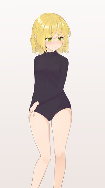 Anime picture 1330x2380 with touhou mizuhashi parsee kanpa (campagne 9) single tall image blush short hair light erotic blonde hair white background green eyes looking away long sleeves pointy ears bare legs embarrassed legs gradient background half updo girl