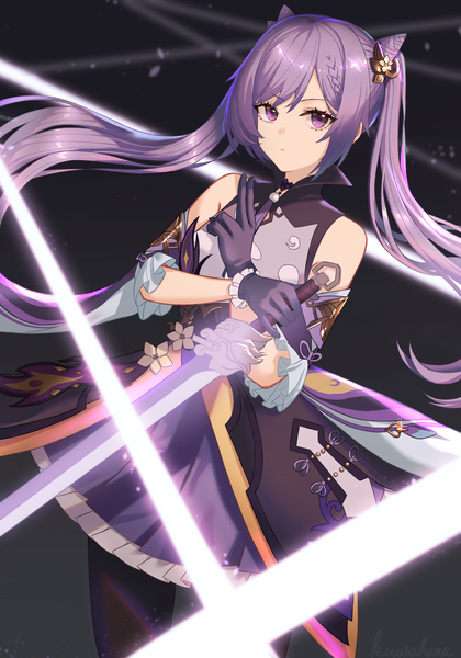 Anime picture 2334x3334 with genshin impact keqing (genshin impact) kuwahara taiki single long hair tall image looking at viewer fringe highres breasts large breasts standing purple eyes twintails bare shoulders holding payot purple hair braid (braids) traditional clothes
