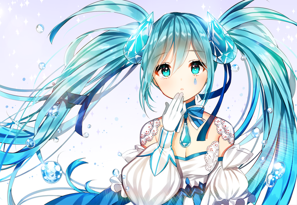 Anime picture 1000x692 with vocaloid hatsune miku namida miku gambe single twintails cleavage very long hair aqua eyes aqua hair looking up hand on face girl dress gloves hair ornament detached sleeves white gloves water drop crystal