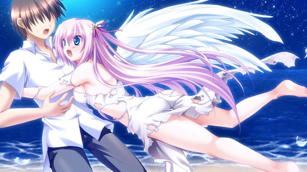 Anime picture 1024x576 with fortuna rhapsody long hair blush short hair open mouth blue eyes black hair wide image pink hair game cg night girl boy hair ornament wings