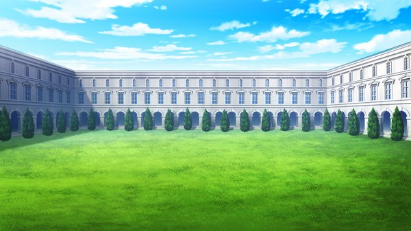 Anime picture 2560x1440 with ojousama wa gokigen naname highres wide image game cg sky cloud (clouds) no people plant (plants) tree (trees) building (buildings) grass