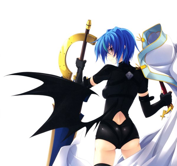 Anime picture 4960x4653 with highschool dxd xenovia quarta miyama zero single highres short hair simple background white background brown eyes blue hair absurdres scan official art girl gloves weapon sword wings elbow gloves bodysuit