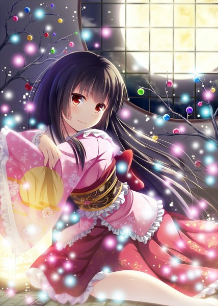 Anime picture 800x1120 with touhou houraisan kaguya noe noel single long hair tall image looking at viewer blush fringe black hair smile red eyes sitting bent knee (knees) long sleeves wide sleeves bare legs floral print crossed arms glow