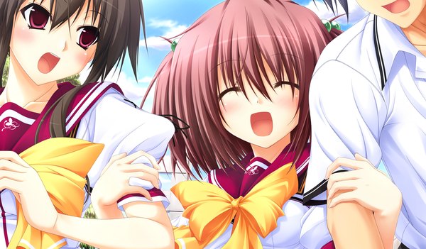 Anime picture 1024x600 with sora to kumo to kimi no koi long hair blush short hair open mouth black hair red eyes wide image multiple girls game cg red hair eyes closed ^ ^ ^o^ locked arms girl boy uniform 2 girls school uniform