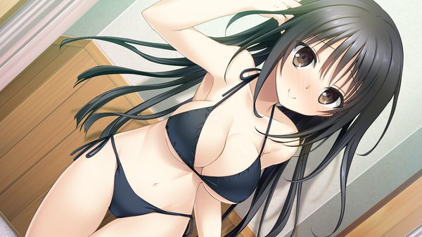 Anime picture 1280x720 with kiss ato natsume azusa mikoto akemi single long hair looking at viewer blush breasts light erotic black hair smile wide image brown eyes game cg girl navel swimsuit bikini black bikini