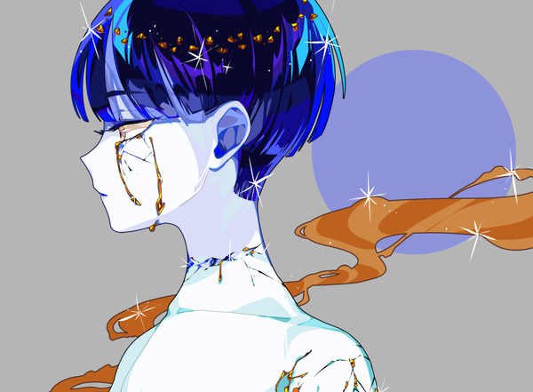 イラスト 1000x735 と 宝石の国 フォスフォフィライト phosphophyllite (ll) こあ ソロ 前髪 短い髪 simple background 肩出し 青い髪 upper body blunt bangs プロフィール grey background sparkle 涙 silver eyes androgynous ネタバレ crack