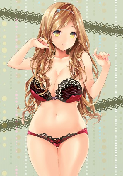 Anime picture 700x1000 with original koshika rina single long hair tall image looking at viewer blush breasts light erotic blonde hair smile large breasts bare shoulders yellow eyes cleavage nail polish hair flower bare belly bare legs underwear only