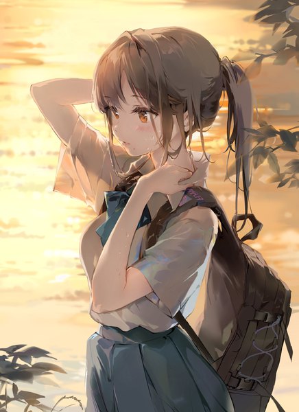 Anime picture 1718x2366 with original anmi single long hair tall image blush fringe highres brown hair standing brown eyes payot looking away outdoors ponytail mole arms up short sleeves evening arm behind head