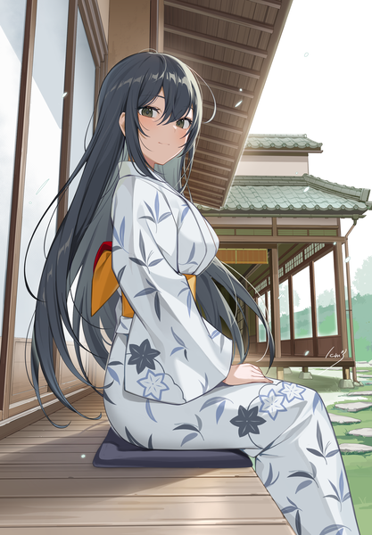 Anime picture 2702x3892 with original ikomochi single long hair tall image looking at viewer blush fringe highres black hair hair between eyes sitting signed bent knee (knees) outdoors long sleeves traditional clothes japanese clothes light smile black eyes