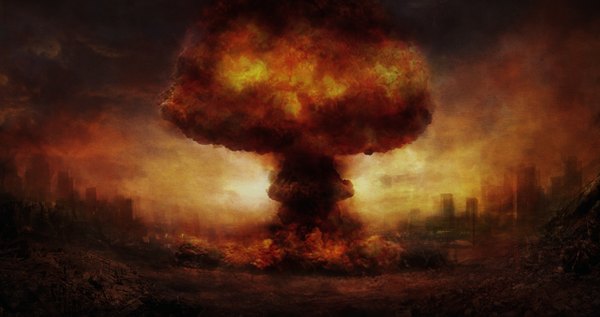 Anime picture 1280x677 with original sancient (artist) wide image city ruins explosion mushroom cloud